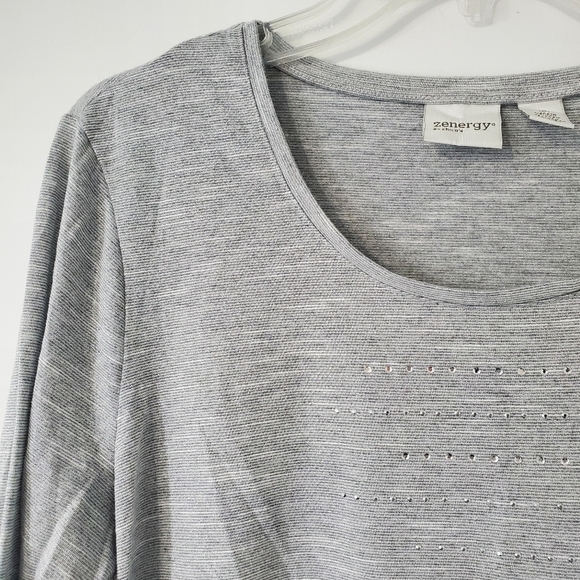 ZENERGY Chicos Gray Sparkle Rhinestone Metallic Top Blouse Womens 2 Large FLAW - Picture 2 of 15